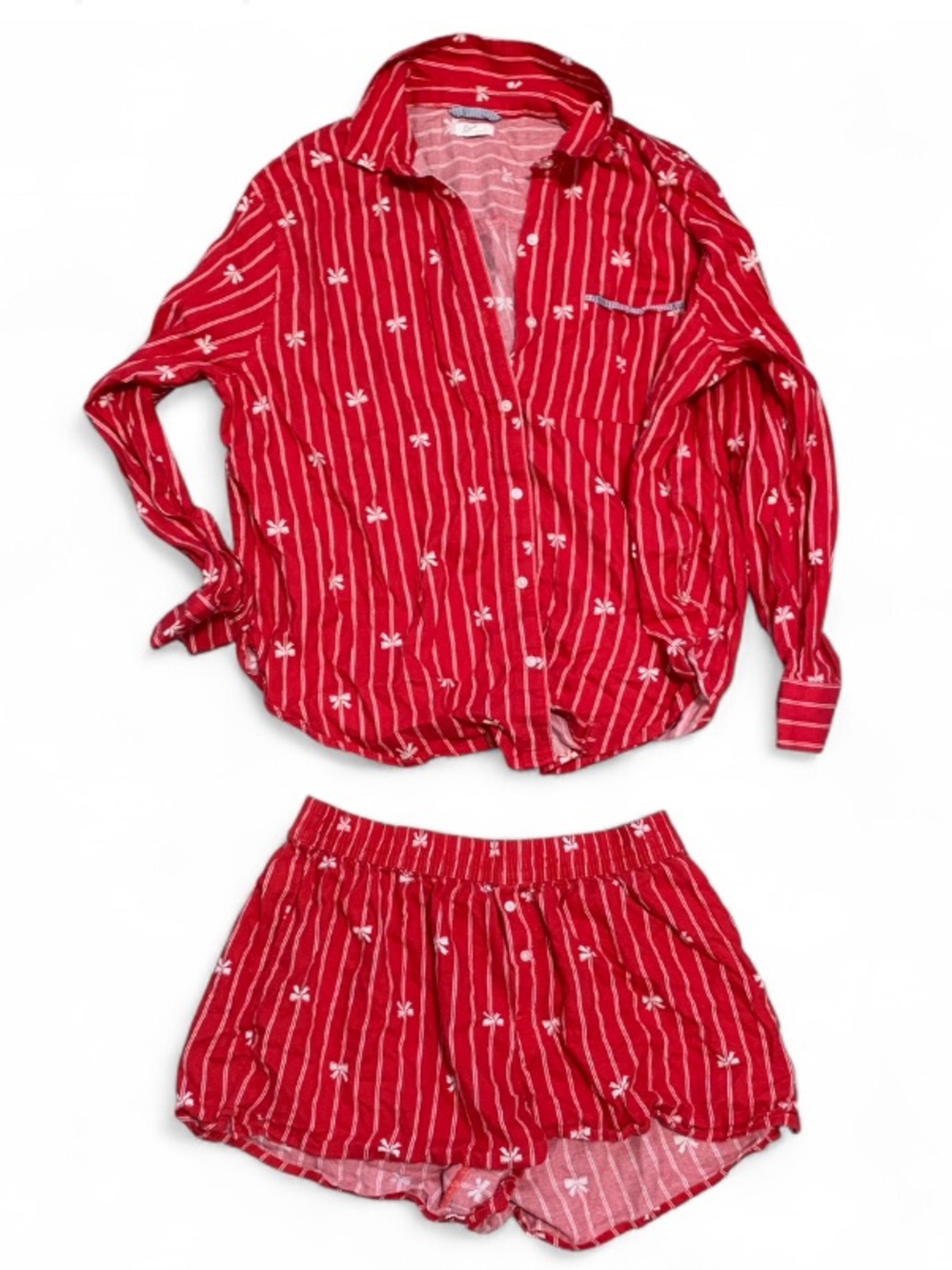 Aerie Red Striped Bow Print Women's Pajama Set - Long Sleeve Button Top & Shorts